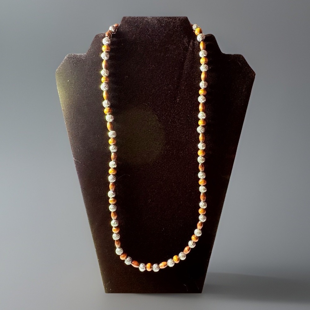 Brown Wood Bead Necklace Silver Tone Spacer Beads Boho Earthy Rustic‎ Festival